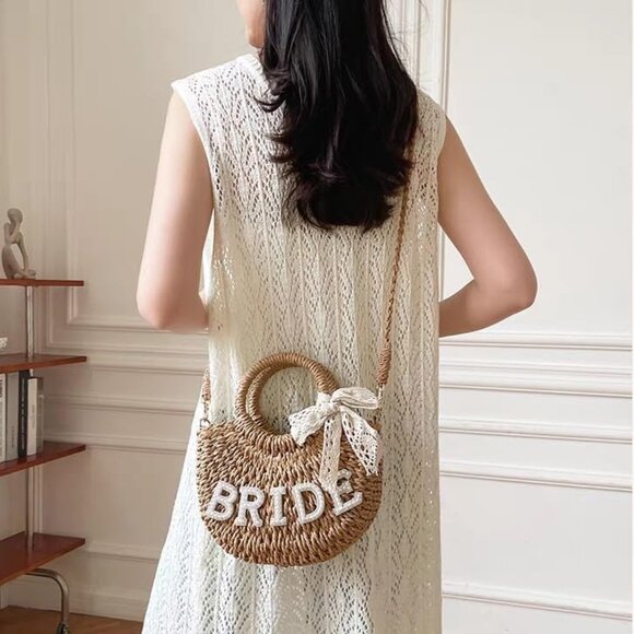 Women's Khaki Straw Wedding Bridal Mini Drawstring Crossbody Bag For Beach Holid - Picture 9 of 9